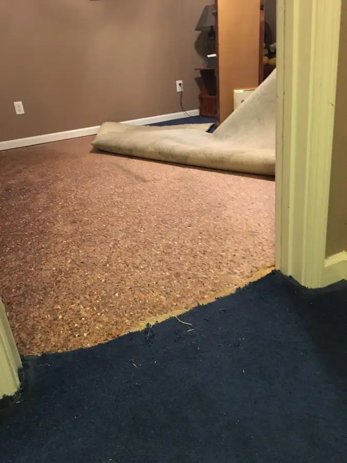 Carpet pad removal revealing water damage during Water Mitigation Services in Fort Hood